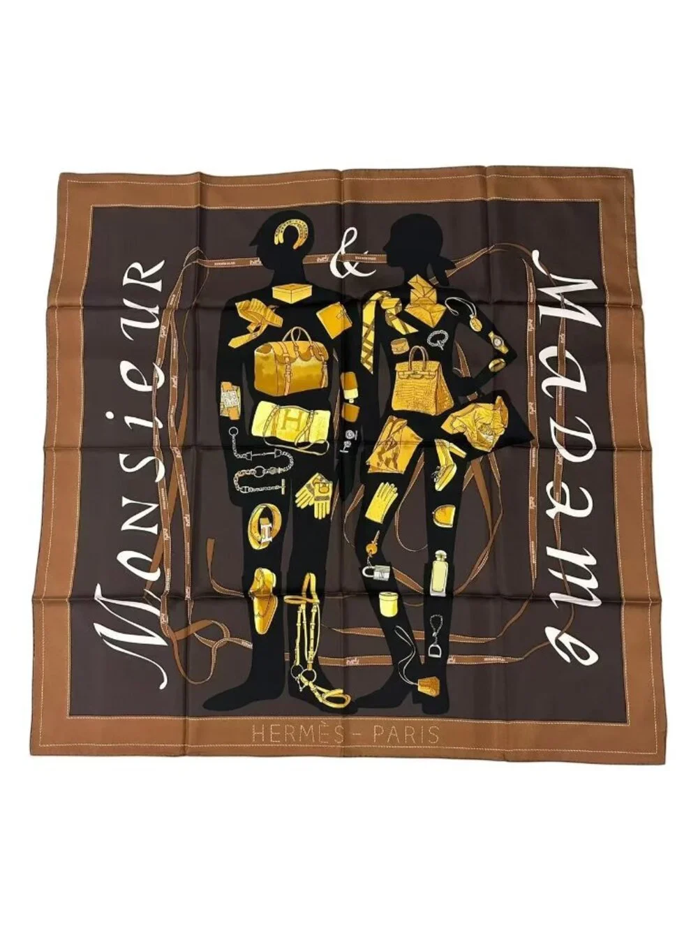 Hermes Scarf Carre 90 Monsieur Et Madame & All Over Print Brown
